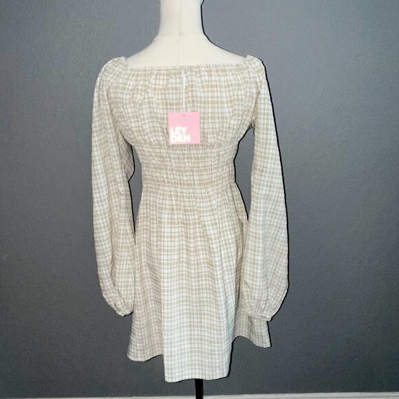 LEYDEN Smocked Boho Mini Peasant Prairie Beige & White Plaid Dress - NWT - L - Picture 8 of 16